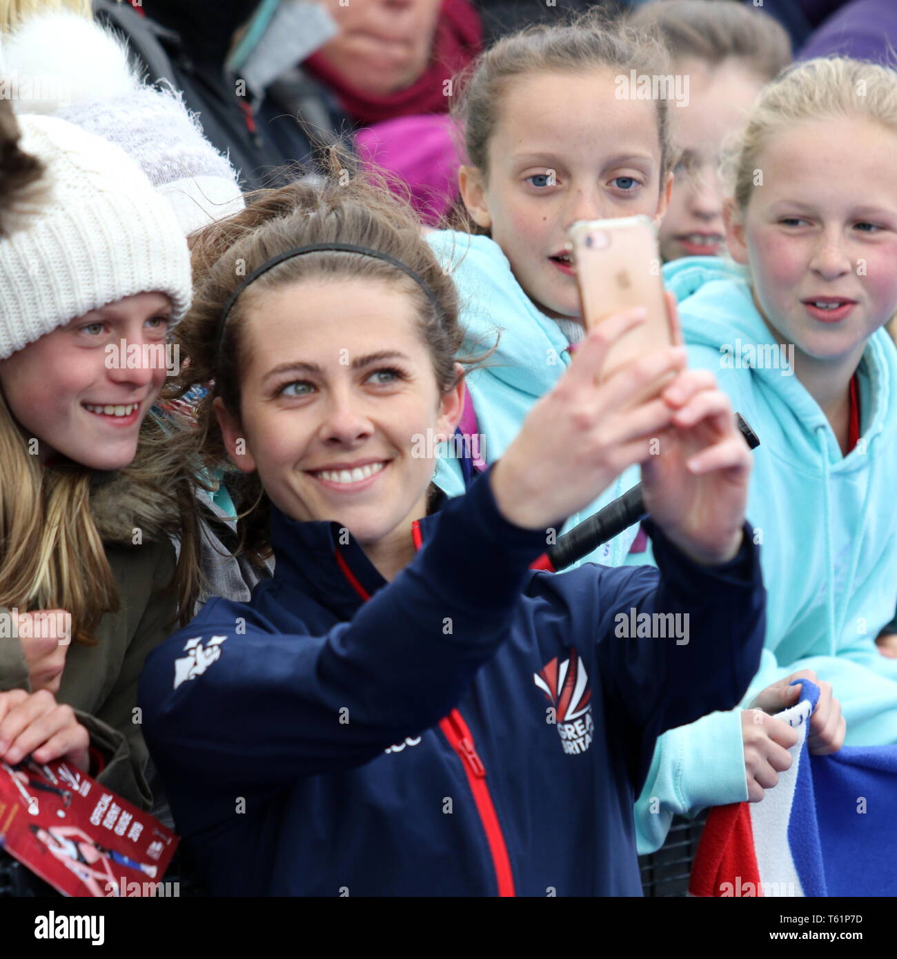 Anna Toman taking a selfie with fans after the 2019 FIH Pro League Great Britain v United States women’s hockey match at Queens Elizabeth Olympic Park Stock Photo