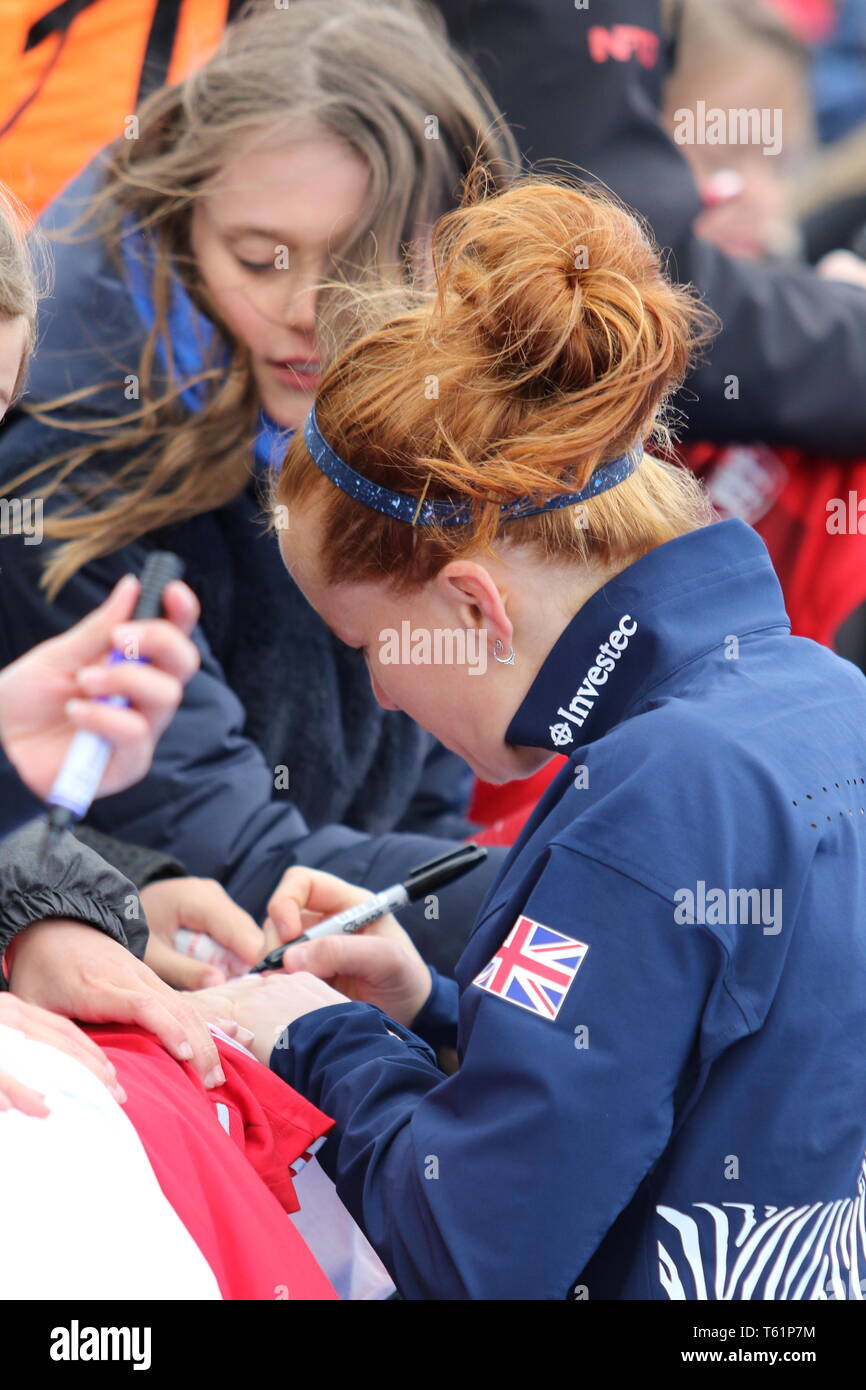Sarah Jones (GBR) signing autographs for fans after the 2019 FIH Pro League  Great Britain v United States women's hockey match at Lee Valley, London  Stock Photo - Alamy