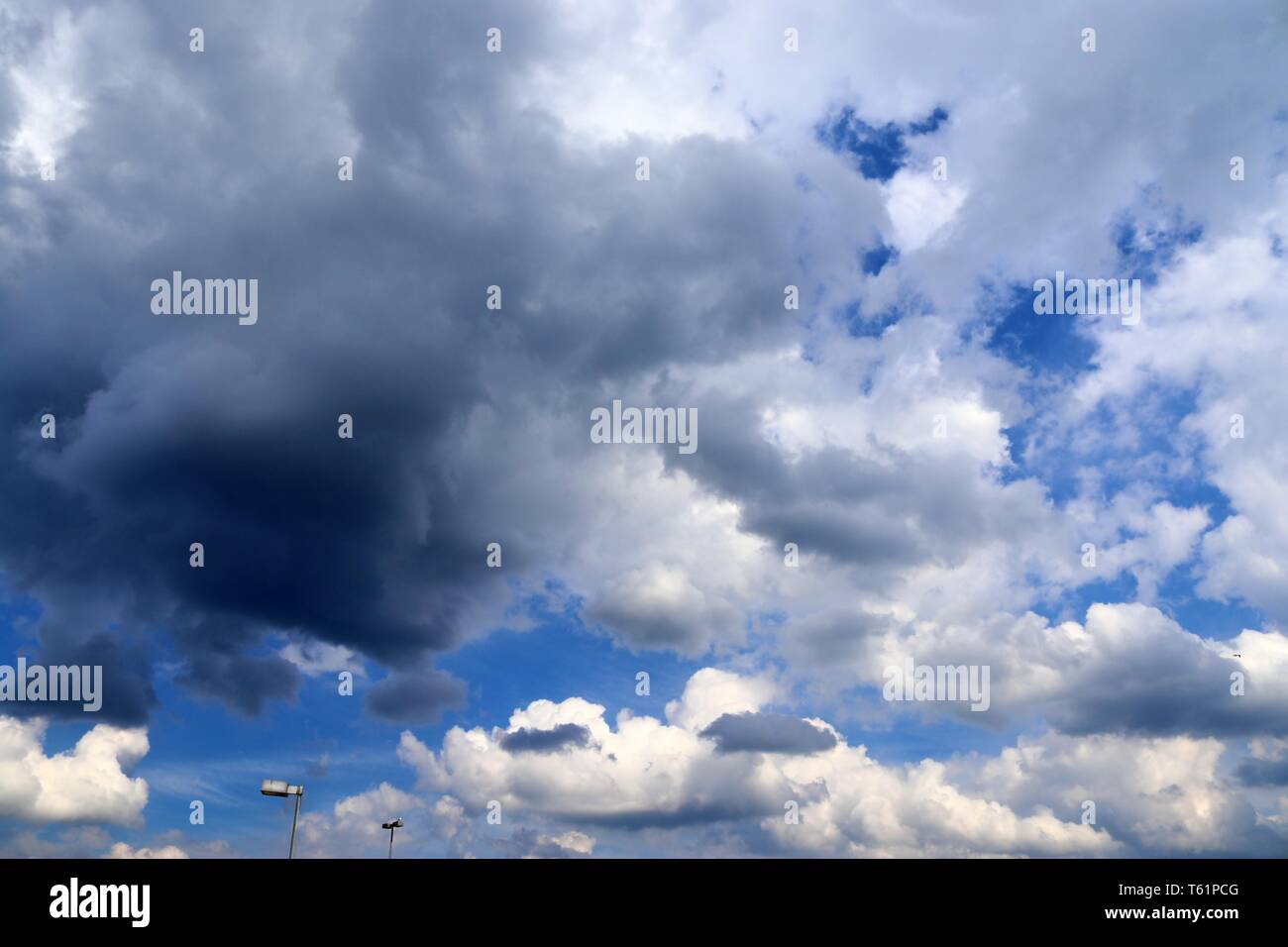 Beautiful fluffy white clouds covered in sunlight on a deep blue sky ...