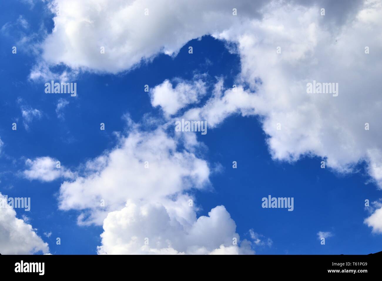 Beautiful fluffy white clouds covered in sunlight on a deep blue sky ...