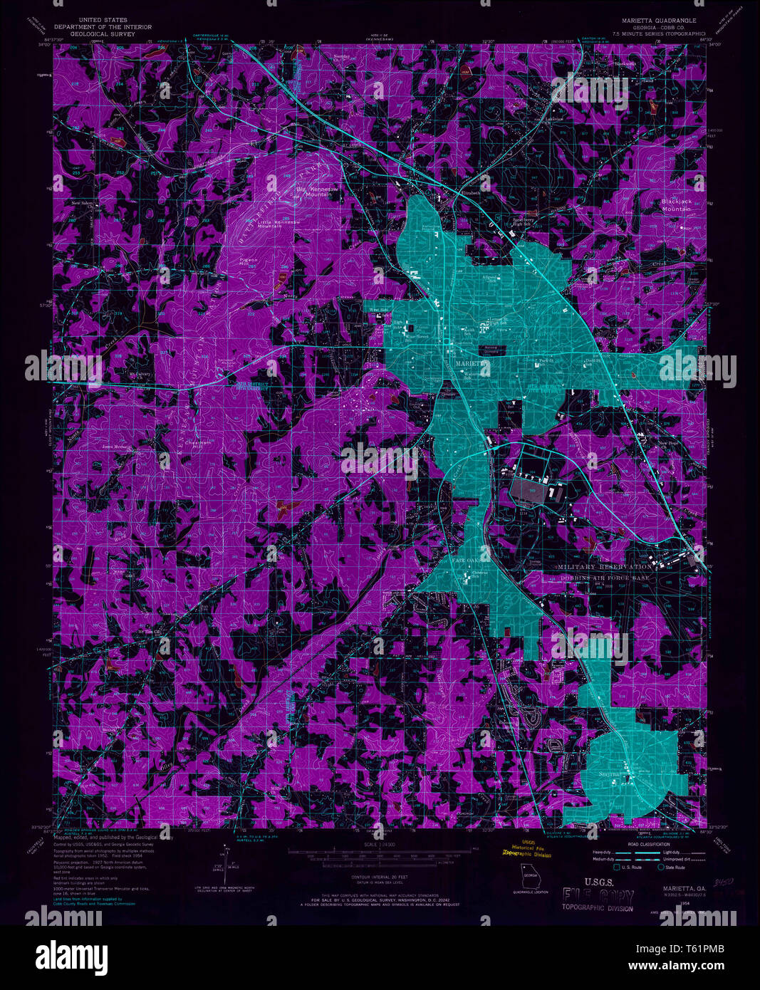 USGS TOPO Map Georgia GA Marietta 246295 1954 24000 Inverted Restoration Stock Photo