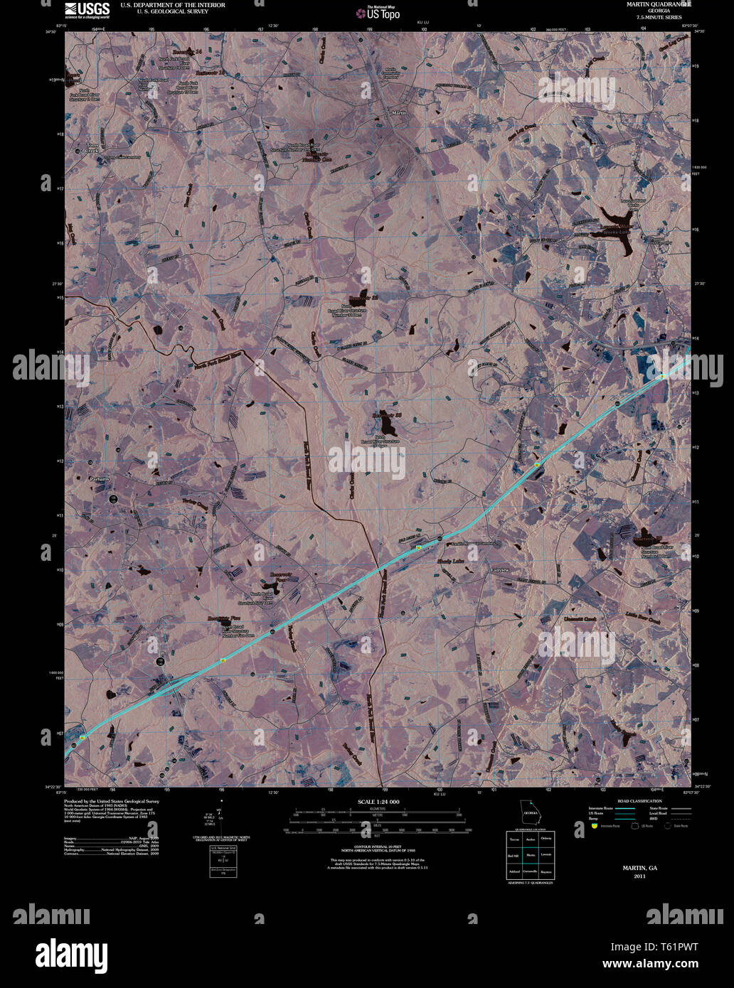 Topograph Map Vector USGS TOPO Map Georgia GA Martin 20110304 TM Inverted Restoration Stock ...