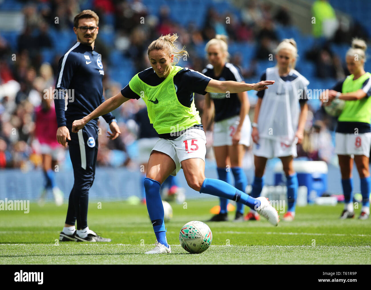 Brighton's Kayleigh Green warms up before kick off during the FA Women's Super League match at the AMEX Stadium, Brighton. Stock Photo