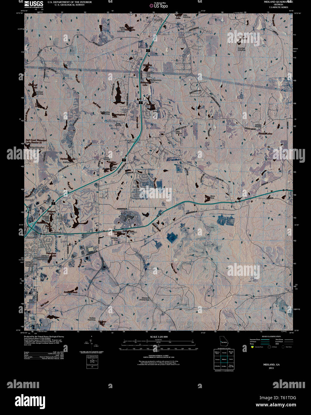 Topograph Map Vector USGS TOPO Map Georgia GA Midland 20110304 TM Inverted Restoration Stock ...