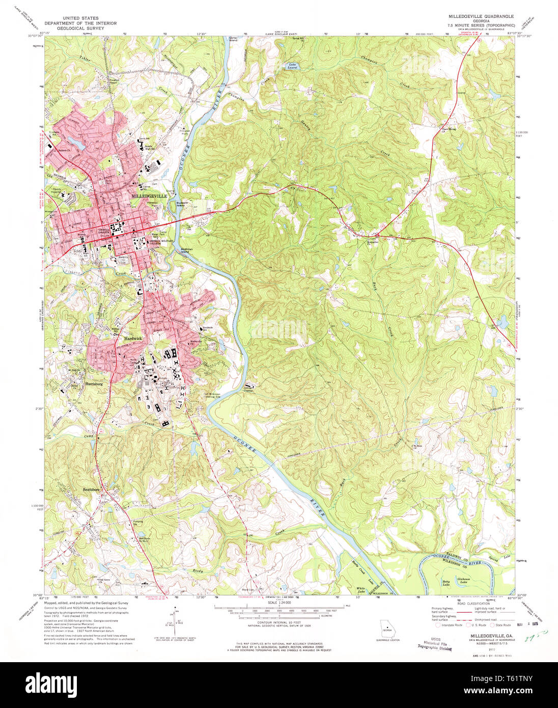 USGS TOPO Map Georgia GA Milledgeville 246385 1972 24000 Restoration Stock Photo