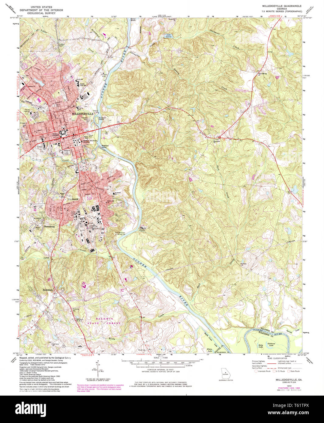 USGS TOPO Map Georgia GA Milledgeville 246386 1972 24000 Restoration Stock Photo
