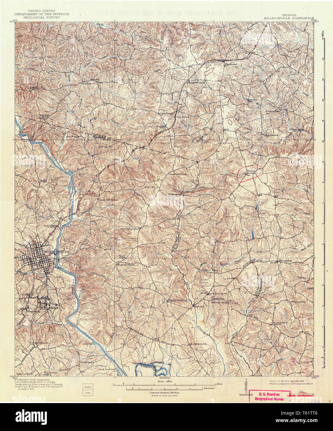 USGS TOPO Map Georgia GA Milledgeville 247516 1912 62500 Restoration Stock Photo