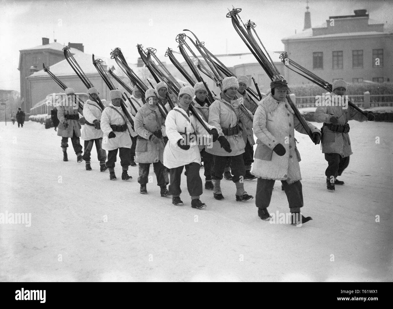 The Winter War. A military conflict between the Soviet union and Finland. It began with a Soviet invasion on november 1939 when Soviet infantery crossed the border on the Karelian Isthmus. About 9500 Swedish volunteer soldiers participated in the war.  Pictured Danish volunteer soldiers marching. January 1940. Photo Kristoffersson ref 100-10 Stock Photo