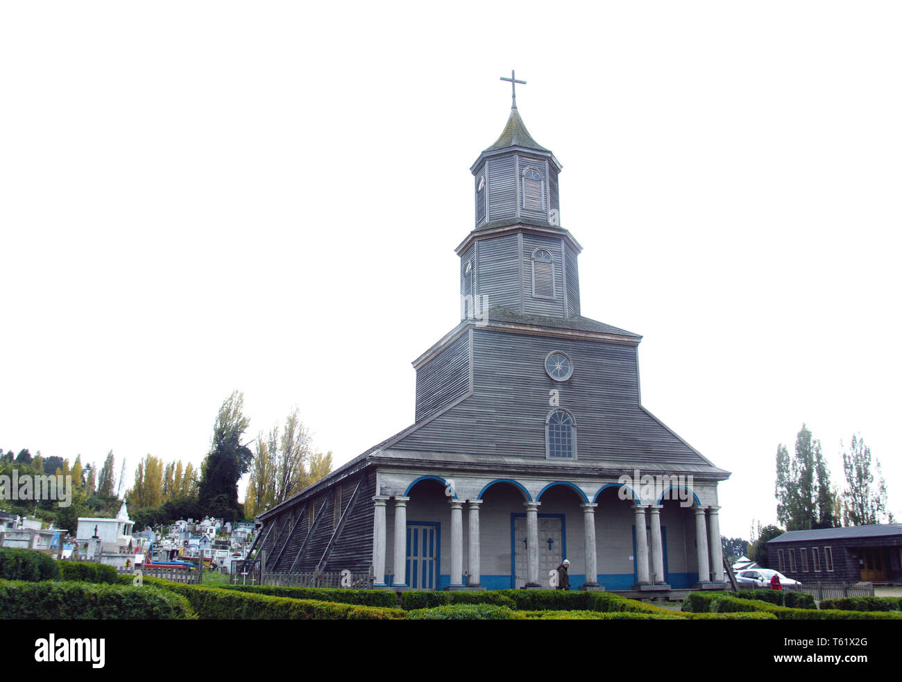 A famous wooden church, Nuestra Señora de Gracias, in Nercon village, Chiloé island, Chile Stock Photo