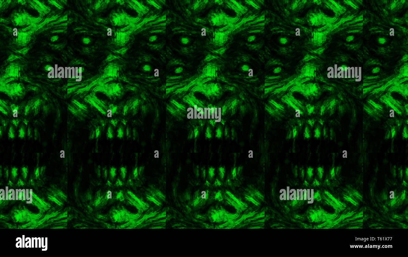 Scary zombie face pattern on black background. Illustration in horror genre. Abstraction monster character face. Green color. Stock Photo