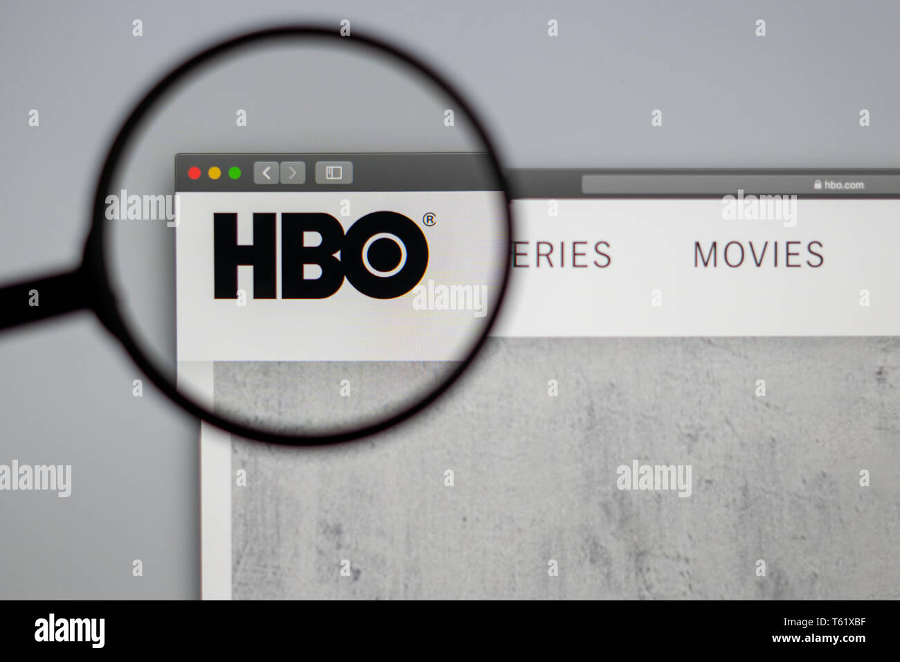 HBO company website homepage. Close up of HBO logo. Can be used as illustrative for news media or other websites, marketing or business concept Stock Photo