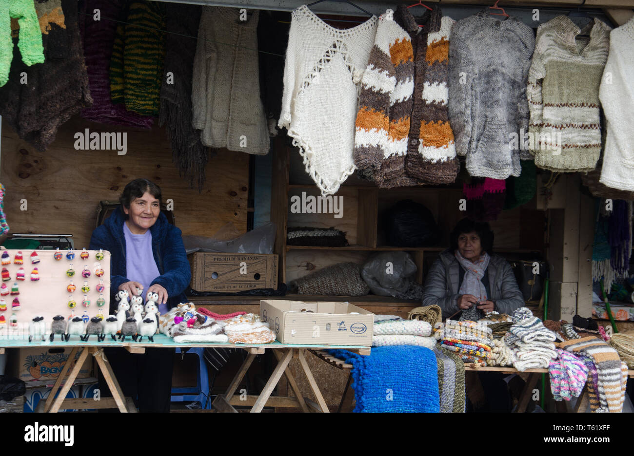 Delcahue's artisan market on Chiloé island is full of colour, trinkets and thick knit warm wear Stock Photo