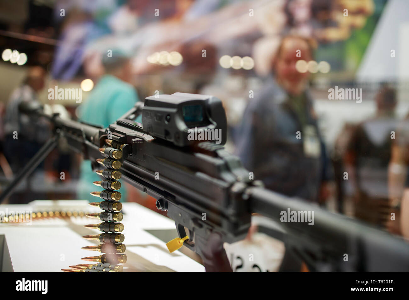 A Sig Sauer open bolt machine gun chambered in 338 Norma is on display