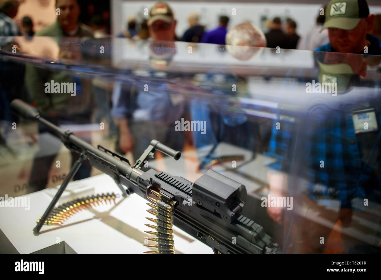 A Sig Sauer open bolt machine gun chambered in 338 Norma is on display