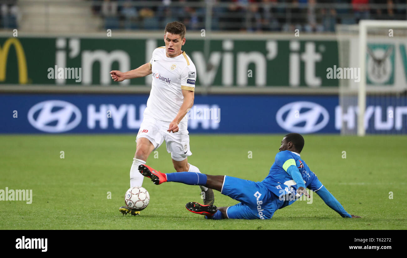 Gent, Belgium. 28th Apr, 2019. zGENT, BELGIUM - APRIL 27: Joakim Maehle of Genk and Nana Asare of Kaa Gent fight for the ball during the Jupiler Pro League play-off 1 match (day 6) between Kaa Gent and Krc Genk on April 27, 2019 in Gent, Belgium. (Photo by Vincent Van Doornick/Isosport Credit: Pro Shots/Alamy Live News Stock Photo