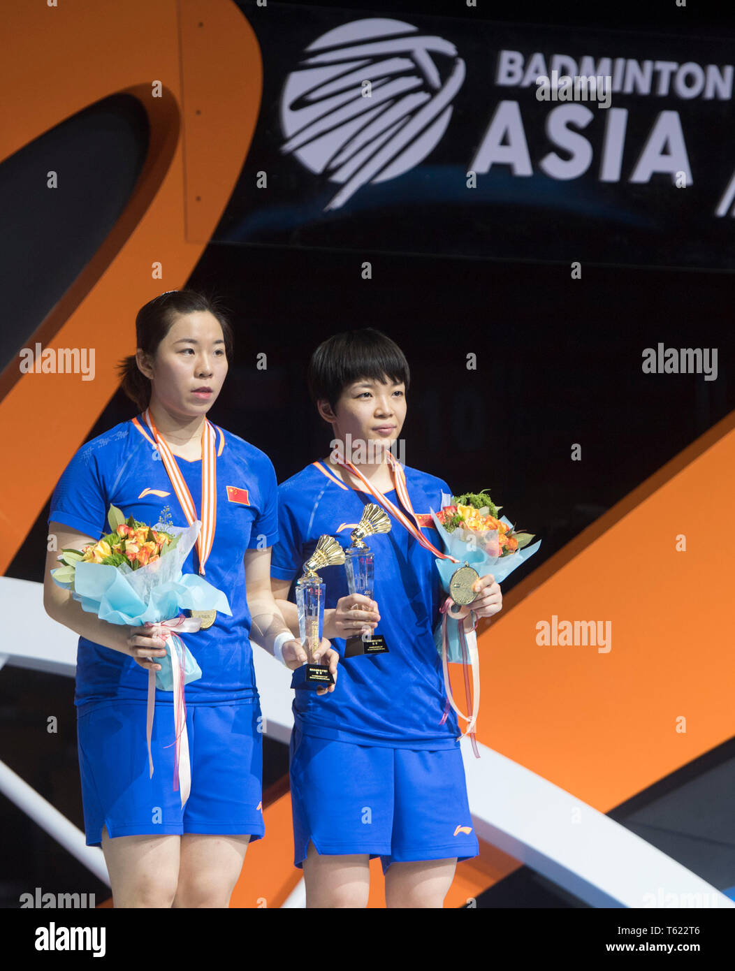 Wuhan China 28th Apr 2019 Chen Qingchen R Jia Yifan Of China Pose During The Awarding Cerenomy For The Women S Doubles Event At Bwf Badminton Asia Championships 2019 In Wuhan Capital Of Central China