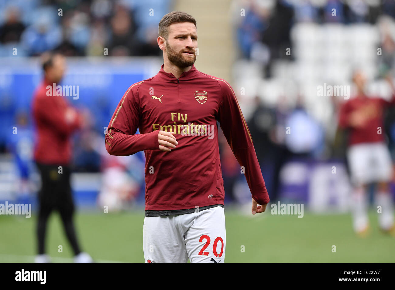 Leicester, UK. 28th April 2019.  Shkodran Mustafi (20) of Arsenal during the Premier League match between Leicester, UK. 28th April 2019. Leicester City and Arsenal at the King Power Stadium, Leicester on Sunday 28th April 2019.   Editorial use only, license required for commercial use. No use in betting, games or a single club/league/player publications. Photograph may only be used for newspaper and/or magazine editorial purposes. Credit: MI News & Sport /Alamy Live News Stock Photo