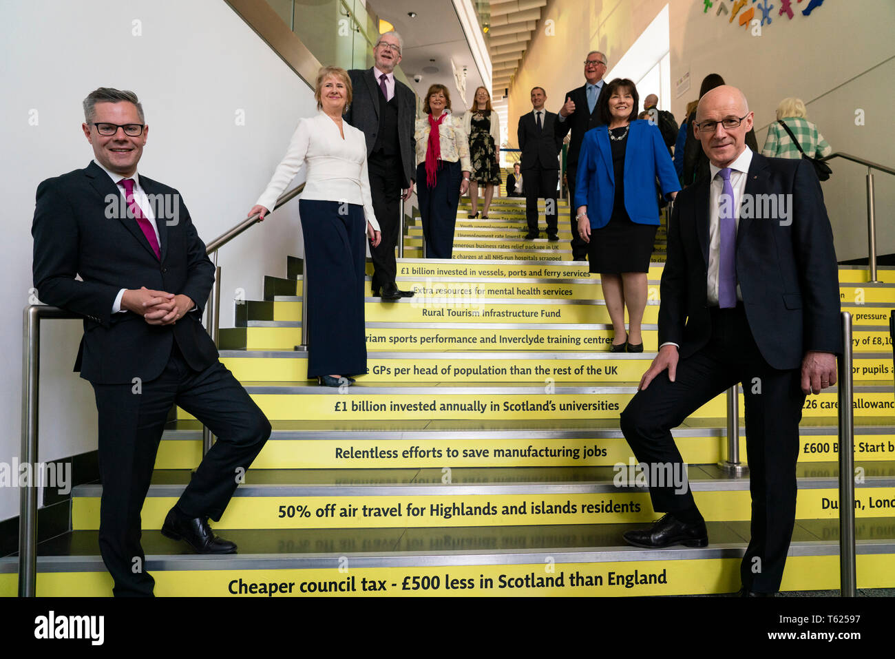 Edinburgh, Scotland, UK. 28 April, 2019. Day 2 of thee SNP ( Scottish National Party) Spring Conference takes place at the EICC ( Edinburgh International Conference Centre) in Edinburgh. Pictured; SNP Government Cabinet Ministers group photo on stairs of the EICC Credit: Iain Masterton/Alamy Live News Stock Photo