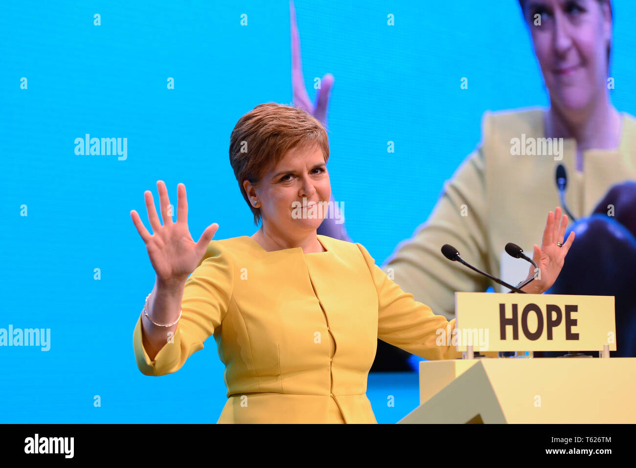 Edinburgh, UK. 28, April, 2019. Scotland's First Minister Nicola Sturgeon delivers her keynote address to the Scottish National Party's Spring Conference in the Edinburgh International Conference Centre. © Ken Jack / Alamy Live News Stock Photo