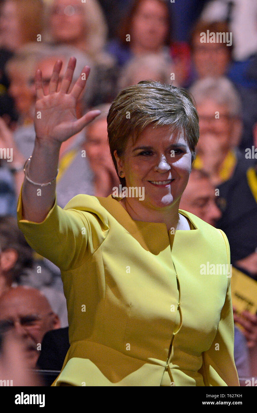 Edinburgh, UK. 28, April, 2019. Scotland's First Minister Nicola Sturgeon acknowledges applause after delivering her keynote address to the Scottish National Party's Spring Conference in the Edinburgh International Conference Centre. © Ken Jack / Alamy Live News Stock Photo