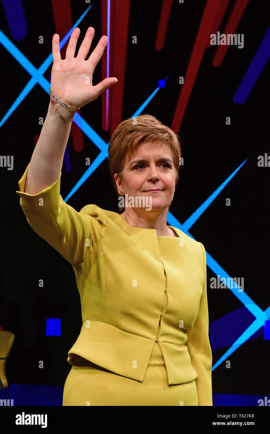 Edinburgh, UK. 28, April, 2019. Scotland's First Minister Nicola Sturgeon acknowledges applause after delivering her keynote address to the Scottish National Party's Spring Conference in the Edinburgh International Conference Centre. © Ken Jack / Alamy Live News Stock Photo