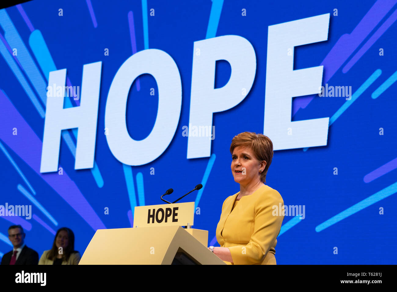 Edinburgh, Scotland, UK. 28 April, 2019. Day 2 of thee SNP ( Scottish National Party) Spring Conference takes place at the EICC  in Edinburgh. Pictured; SNP Party Leader and First Minister of Scotland Nicola Sturgeon MSP makes address to delegates at the conference Credit: Iain Masterton/Alamy Live News Stock Photo