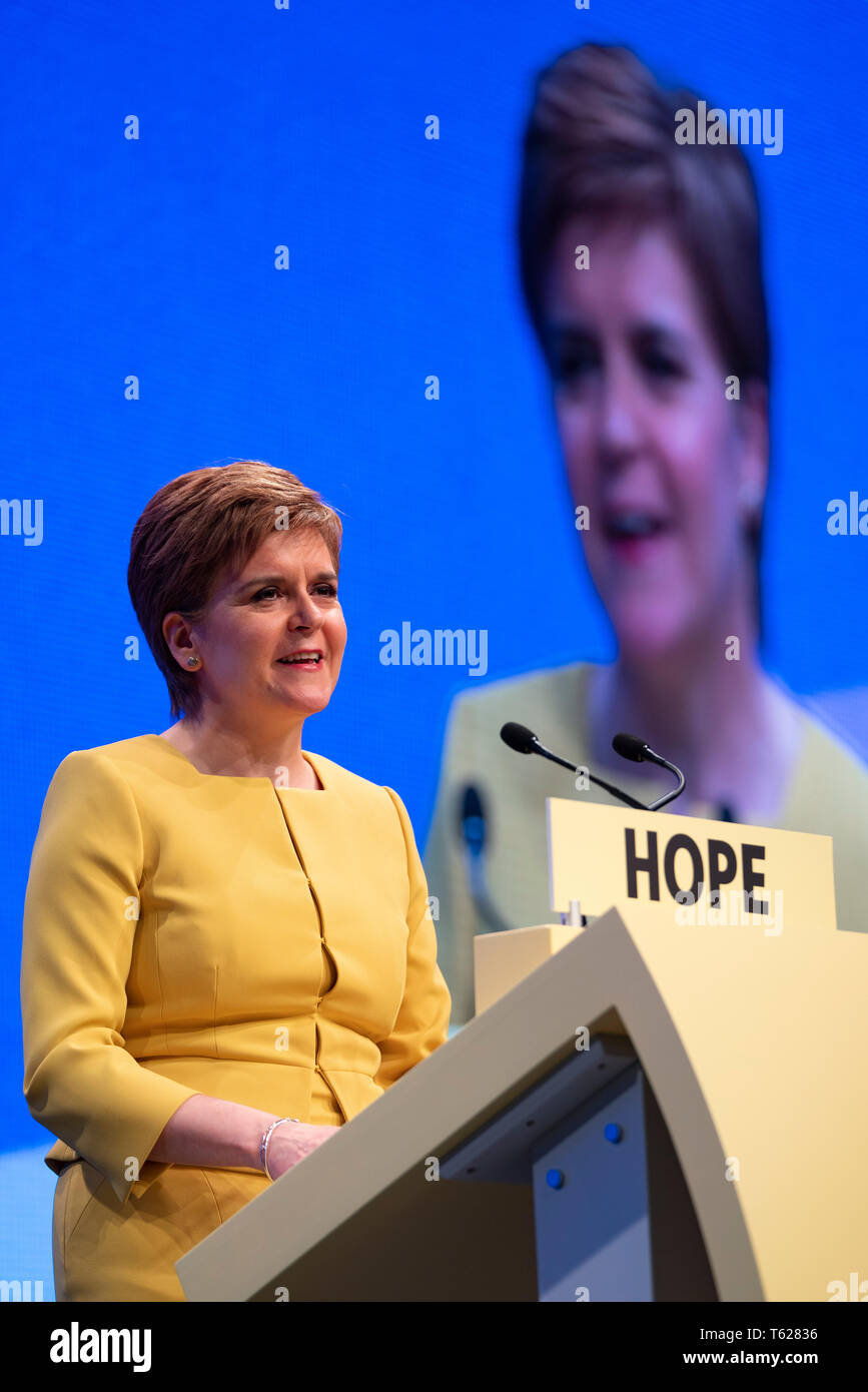 Edinburgh, Scotland, UK. 28 April, 2019. Day 2 of thee SNP ( Scottish National Party) Spring Conference takes place at the EICC  in Edinburgh. Pictured; SNP Party Leader and First Minister of Scotland Nicola Sturgeon MSP makes address to delegates at the conference Credit: Iain Masterton/Alamy Live News Stock Photo