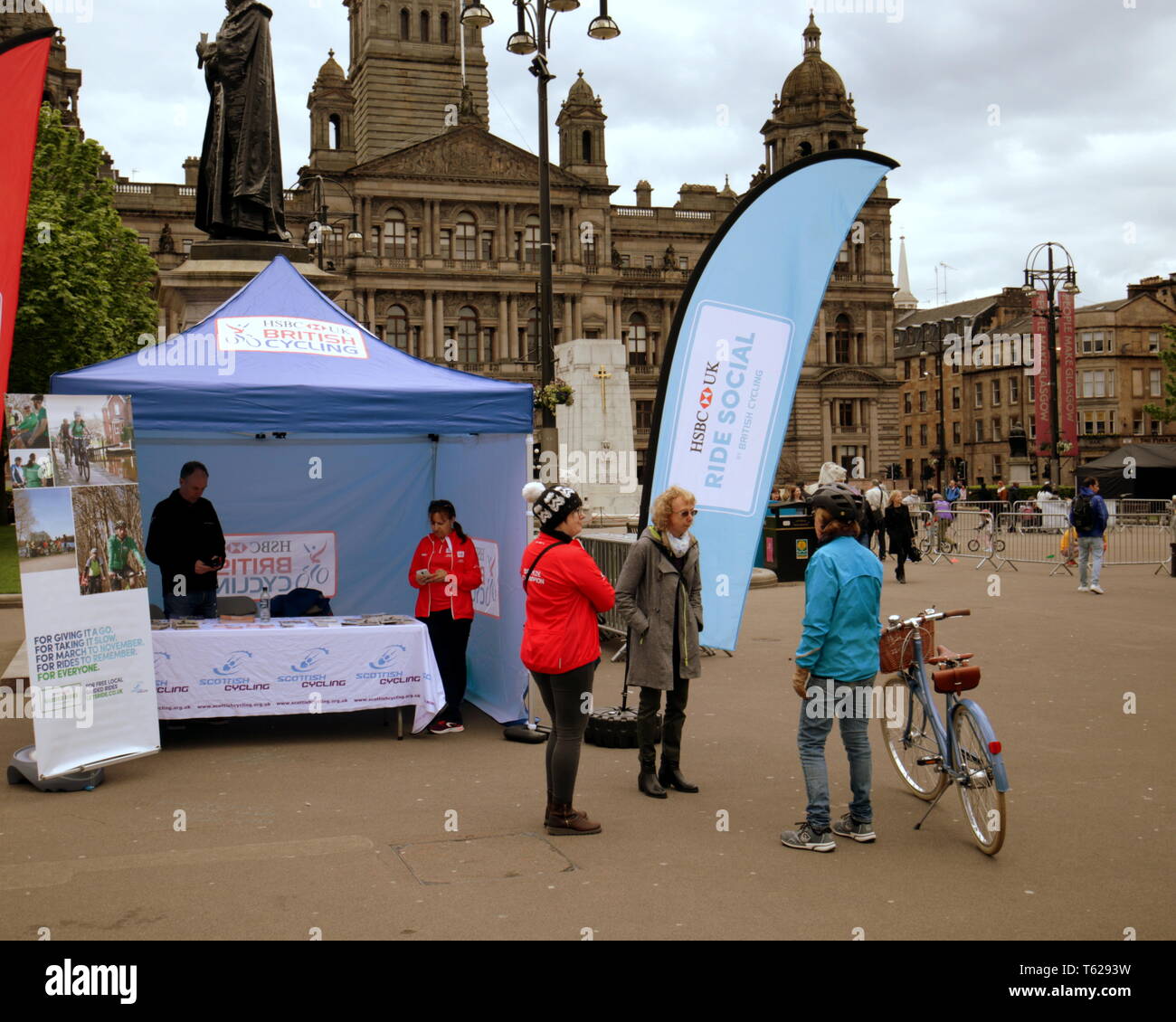Glasgow, Scotland, UK 28thd April, 2019. Smarter Travel Glasgow as they launched their May Challenge, a virtual Around The World Cycle, in a car-free George Square on Sunday 28th April. Billed as an ecological event for health and the environment, few turned up. The empty streets had few people willing to peddle them and the other organisations present had few visitors to their stalls. Credit Gerard Ferry/Alamy Live News Stock Photo