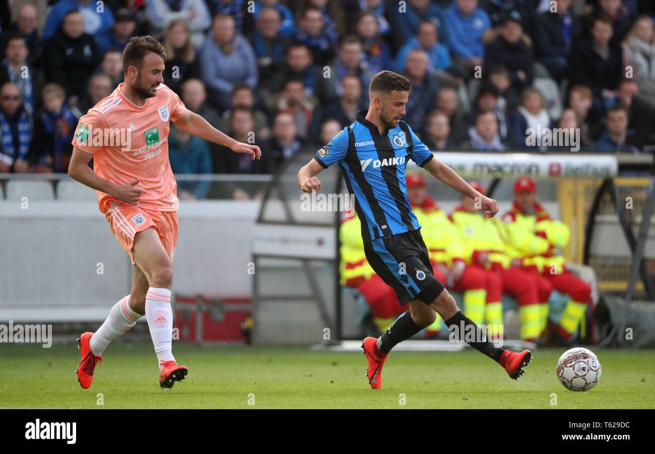 Bruges, Belgium. 28th Apr, 2019. Antonio Milic of Anderlecht and Siebe  Schrijvers of Club Brugge fight for the ball during the Jupiler Pro League  play-off 1 match (day 6) between Club Brugge