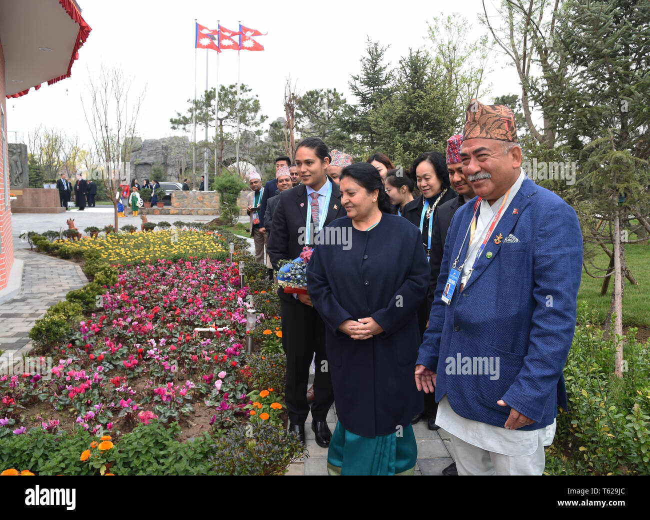 Beijing, China. 28th Apr, 2019. Nepalese President Bidhya Devi Bhandari visits the Nepal Garden at the International Horticulture zone of the International Horticultural Exhibition 2019 Beijing, in Beijing, capital of China, April 28, 2019. Credit: Ren Chao/Xinhua/Alamy Live News Stock Photo