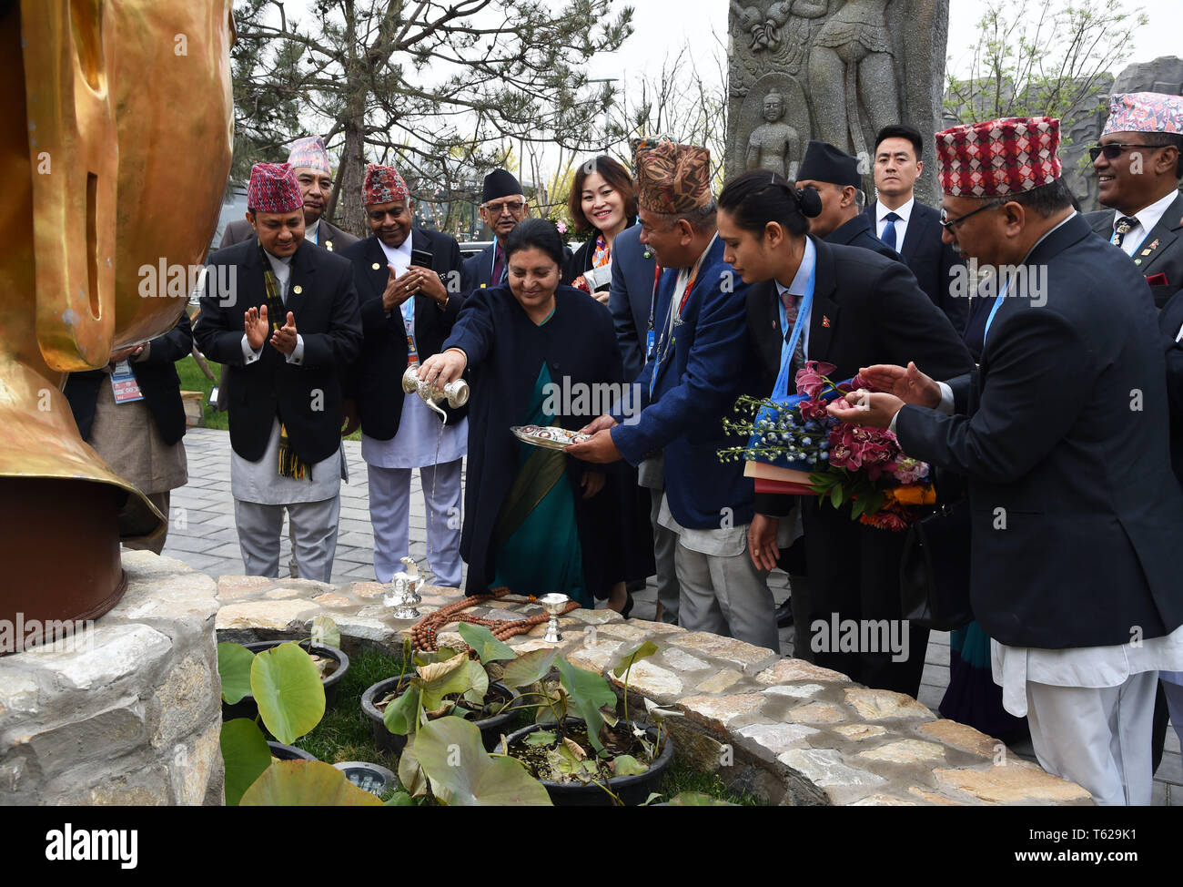 Beijing, China. 28th Apr, 2019. Nepalese President Bidhya Devi Bhandari visits the Nepal Garden at the International Horticulture zone of the International Horticultural Exhibition 2019 Beijing, in Beijing, capital of China, April 28, 2019. Credit: Ren Chao/Xinhua/Alamy Live News Stock Photo