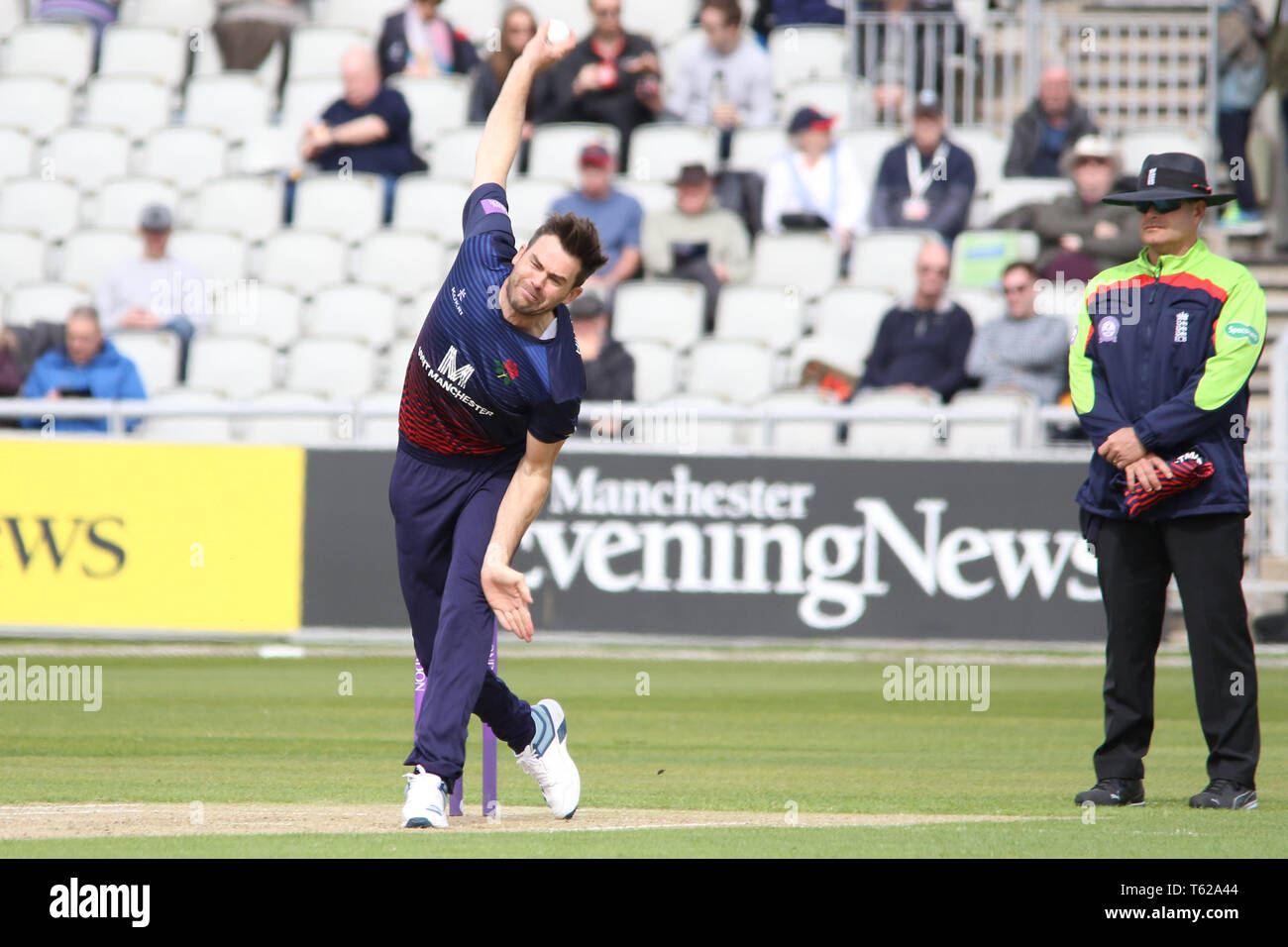 Lancashire, UK. 28th Apr, 2019. England's Jimmy Anderson bowling for Lancashire during the Royal London One-Day Cup match between Lancashire v Leicestershire Foxes at the Emirates Old Trafford Cricket Ground, Manchester, England on 28 April 2019. Photo by John Mallett.  Editorial use only, license required for commercial use. No use in betting, games or a single club/league/player publications. Credit: UK Sports Pics Ltd/Alamy Live News Stock Photo