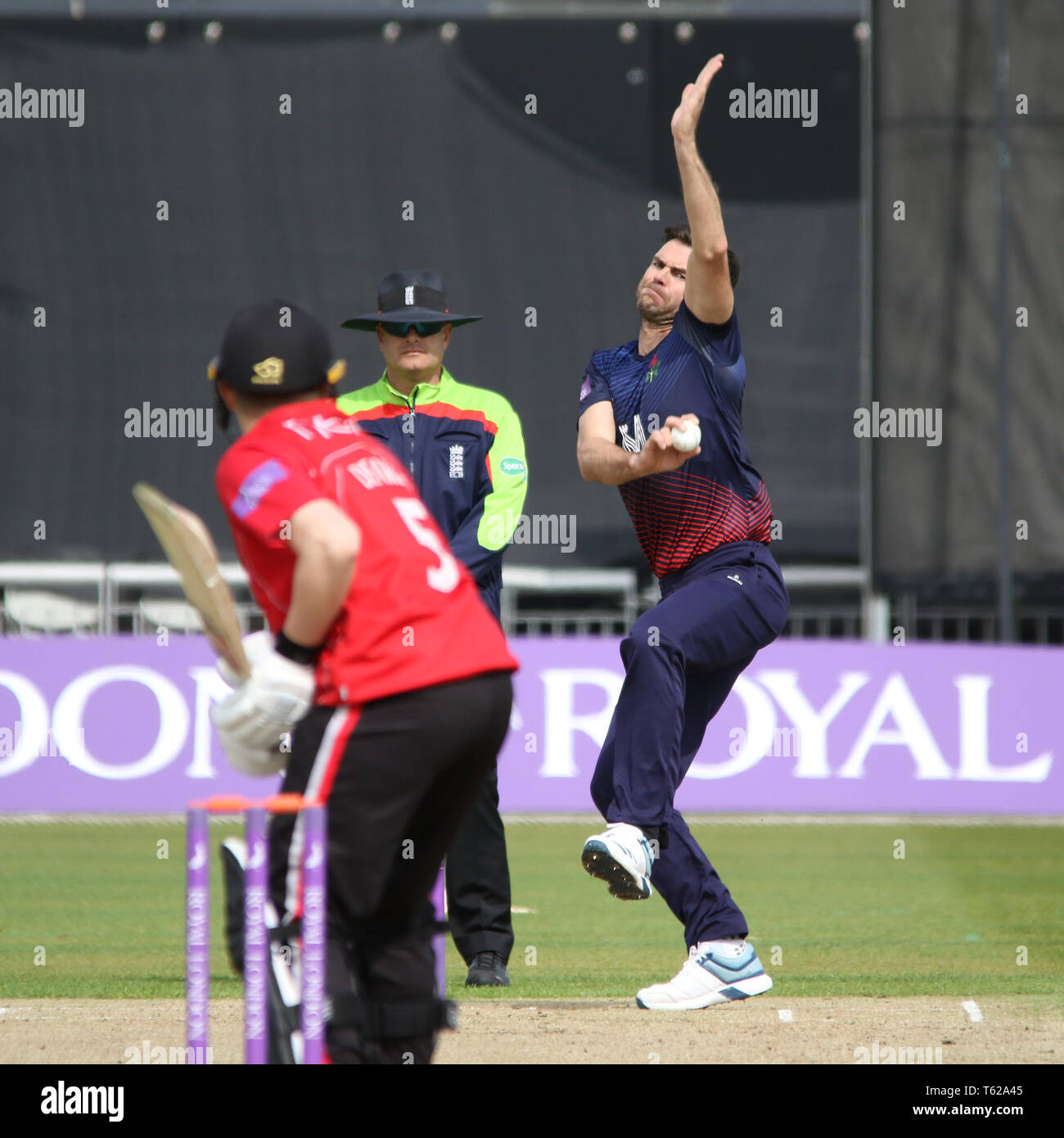 Lancashire, UK. 28th Apr, 2019. Jimmy Anderson bowls to Harry Dearden during the Royal London One-Day Cup match between Lancashire v Leicestershire Foxes at the Emirates Old Trafford Cricket Ground, Manchester, England on 28 April 2019. Photo by John Mallett.  Editorial use only, license required for commercial use. No use in betting, games or a single club/league/player publications. Credit: UK Sports Pics Ltd/Alamy Live News Stock Photo