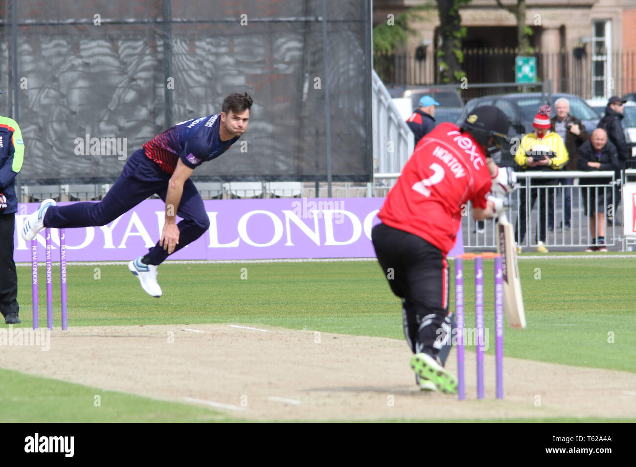 Lancashire, UK. 28th Apr, 2019. Paul Horton drives Jimmy Anderson during the Royal London One-Day Cup match between Lancashire v Leicestershire Foxes at the Emirates Old Trafford Cricket Ground, Manchester, England on 28 April 2019. Photo by John Mallett.  Editorial use only, license required for commercial use. No use in betting, games or a single club/league/player publications. Credit: UK Sports Pics Ltd/Alamy Live News Stock Photo