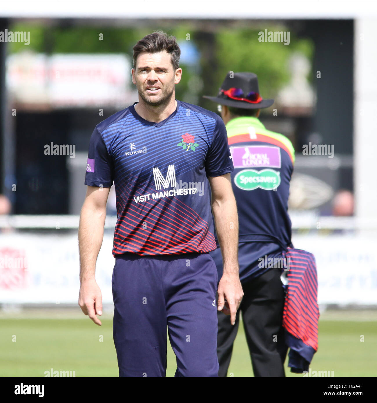 Lancashire, UK. 28th Apr, 2019. Jimmy Anderson during the Royal London One-Day Cup match between Lancashire v Leicestershire Foxes at the Emirates Old Trafford Cricket Ground, Manchester, England on 28 April 2019. Photo by John Mallett.  Editorial use only, license required for commercial use. No use in betting, games or a single club/league/player publications. Credit: UK Sports Pics Ltd/Alamy Live News Stock Photo