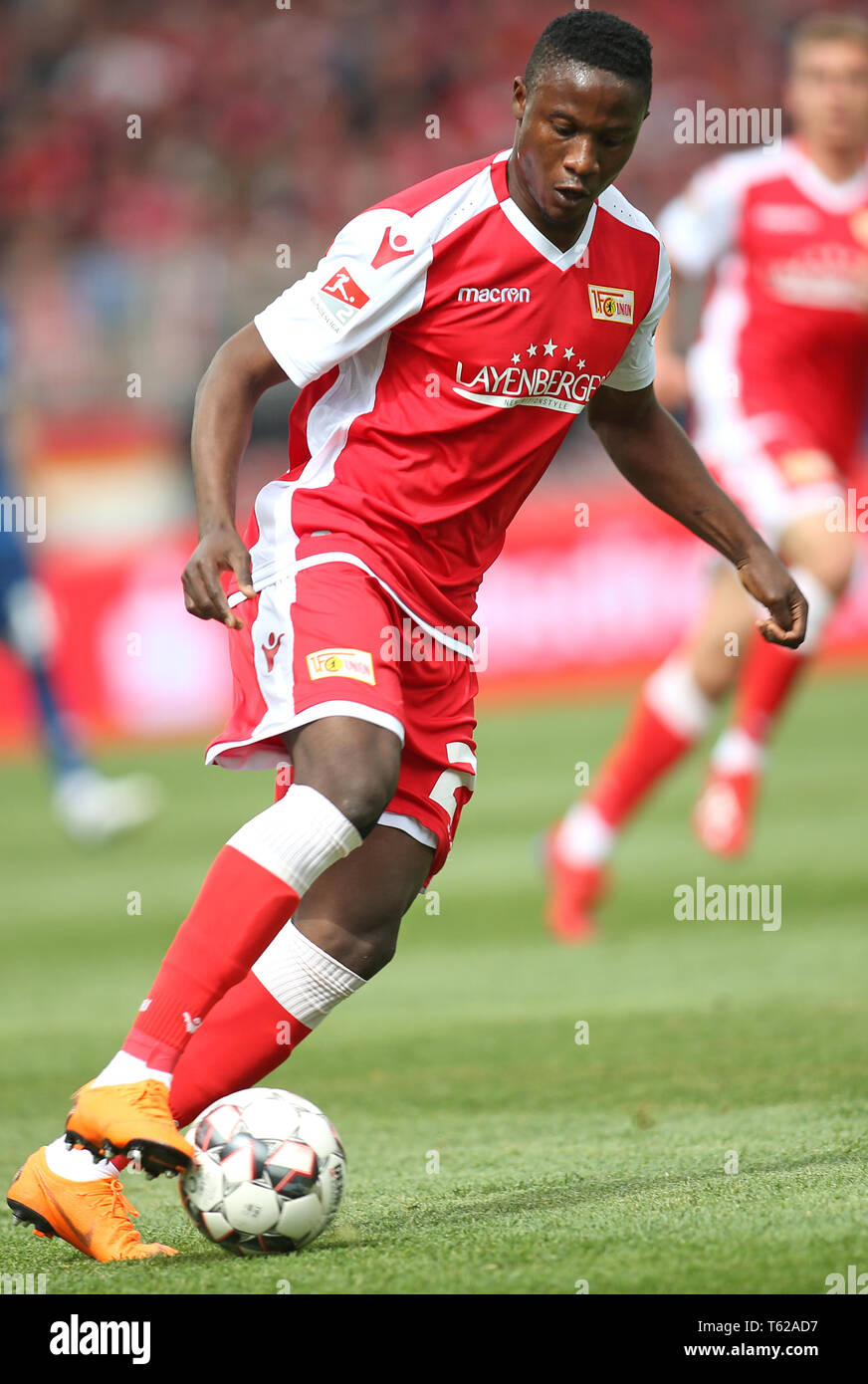 Berlin, Germany. 28th Apr, 2019. Soccer: 2nd Bundesliga, 1st FC Union Berlin - Hamburger SV, 31st matchday. Berlin's Suleiman Abdullahi plays the ball. Credit: Andreas Gora/dpa - IMPORTANT NOTE: In accordance with the requirements of the DFL Deutsche Fußball Liga or the DFB Deutscher Fußball-Bund, it is prohibited to use or have used photographs taken in the stadium and/or the match in the form of sequence images and/or video-like photo sequences./dpa/Alamy Live News Stock Photo