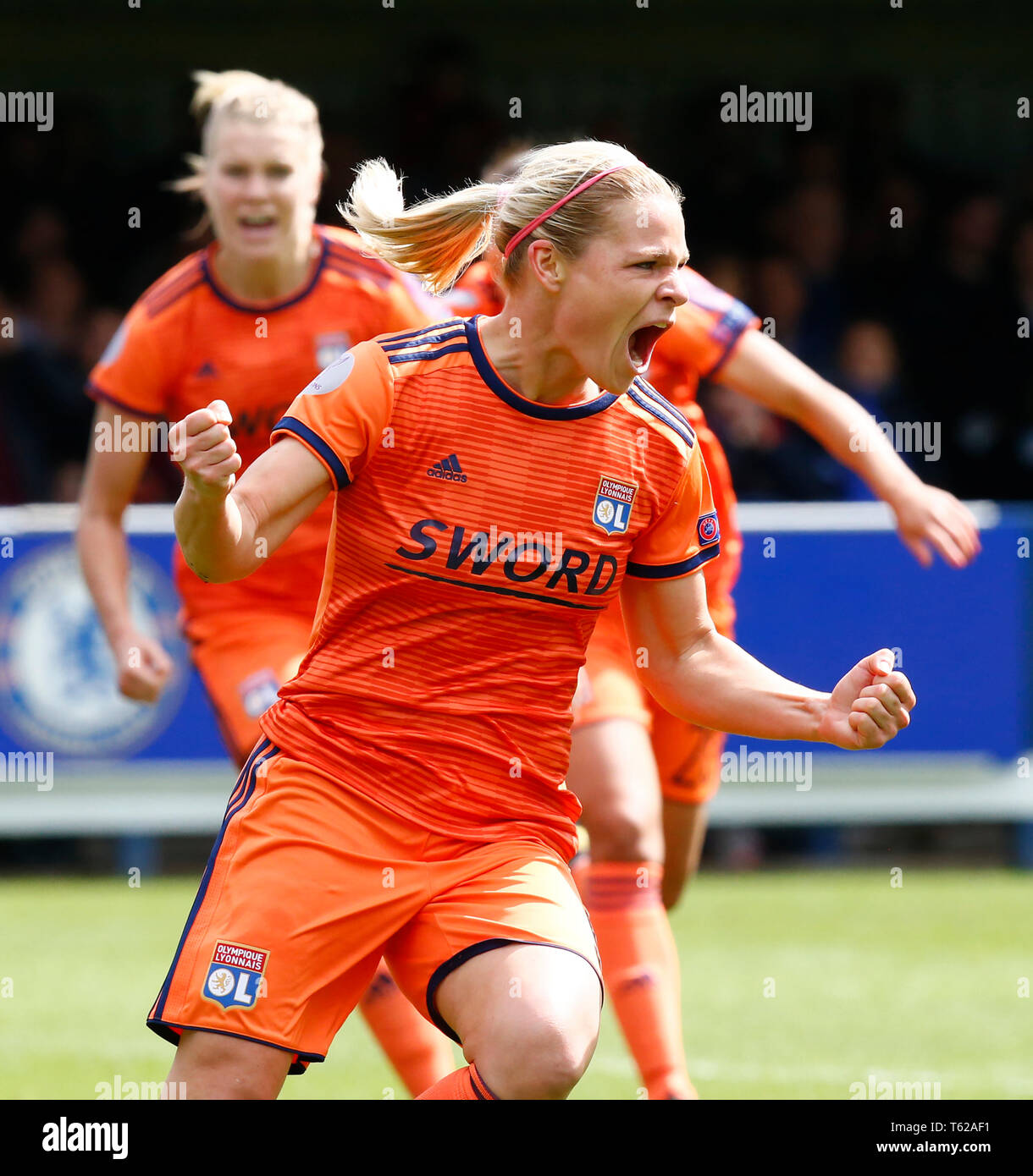 London, UK. 28th Apr, 2019.  Eugenie Le Sommer of Olympique Lyonnais Feminies celebrate her goal  during Women's Champions League Semi-Final 2nd Leg  between Chelsea FC Women and Lyon FŽminines at The Cherry Red Records stadium , Kingsmeadow, England on 28 Apr 2019. Credit Action Foto Sport Credit: Action Foto Sport/Alamy Live News Stock Photo