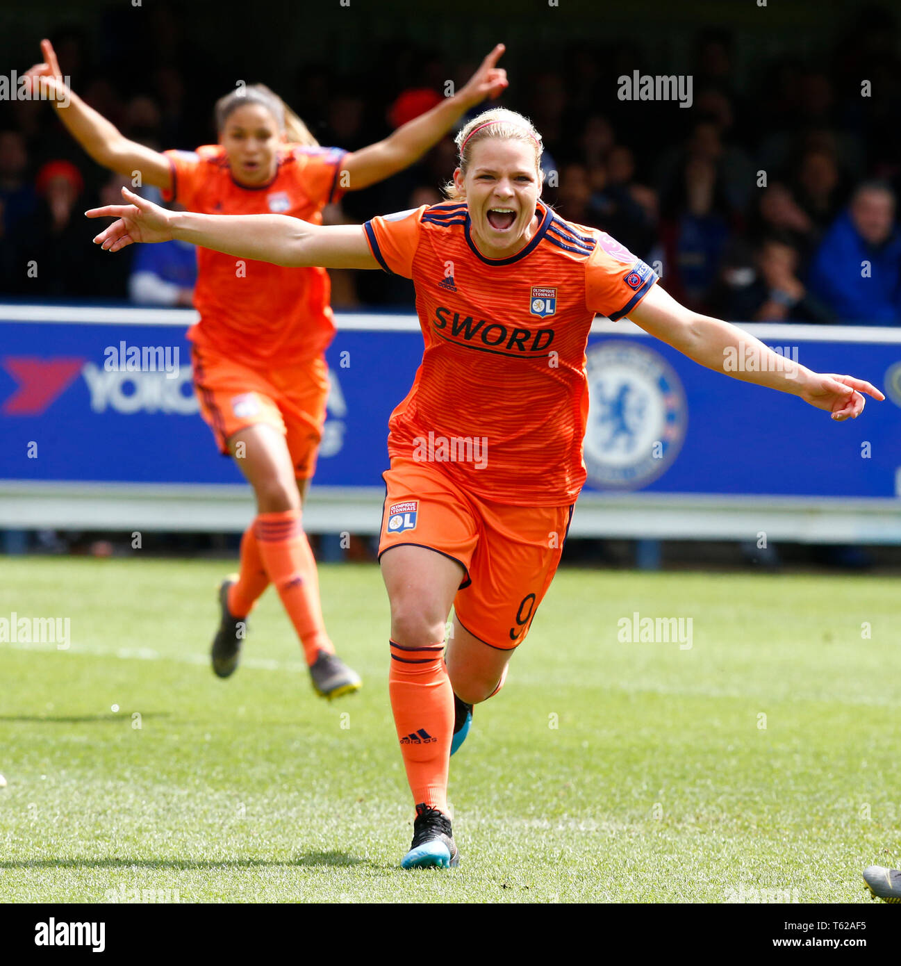 London, UK. 28th Apr, 2019.  Eugenie Le Sommer of Olympique Lyonnais Feminies celebrate her goal  during Women's Champions League Semi-Final 2nd Leg  between Chelsea FC Women and Lyon FŽminines at The Cherry Red Records stadium , Kingsmeadow, England on 28 Apr 2019. Credit Action Foto Sport Credit: Action Foto Sport/Alamy Live News Stock Photo