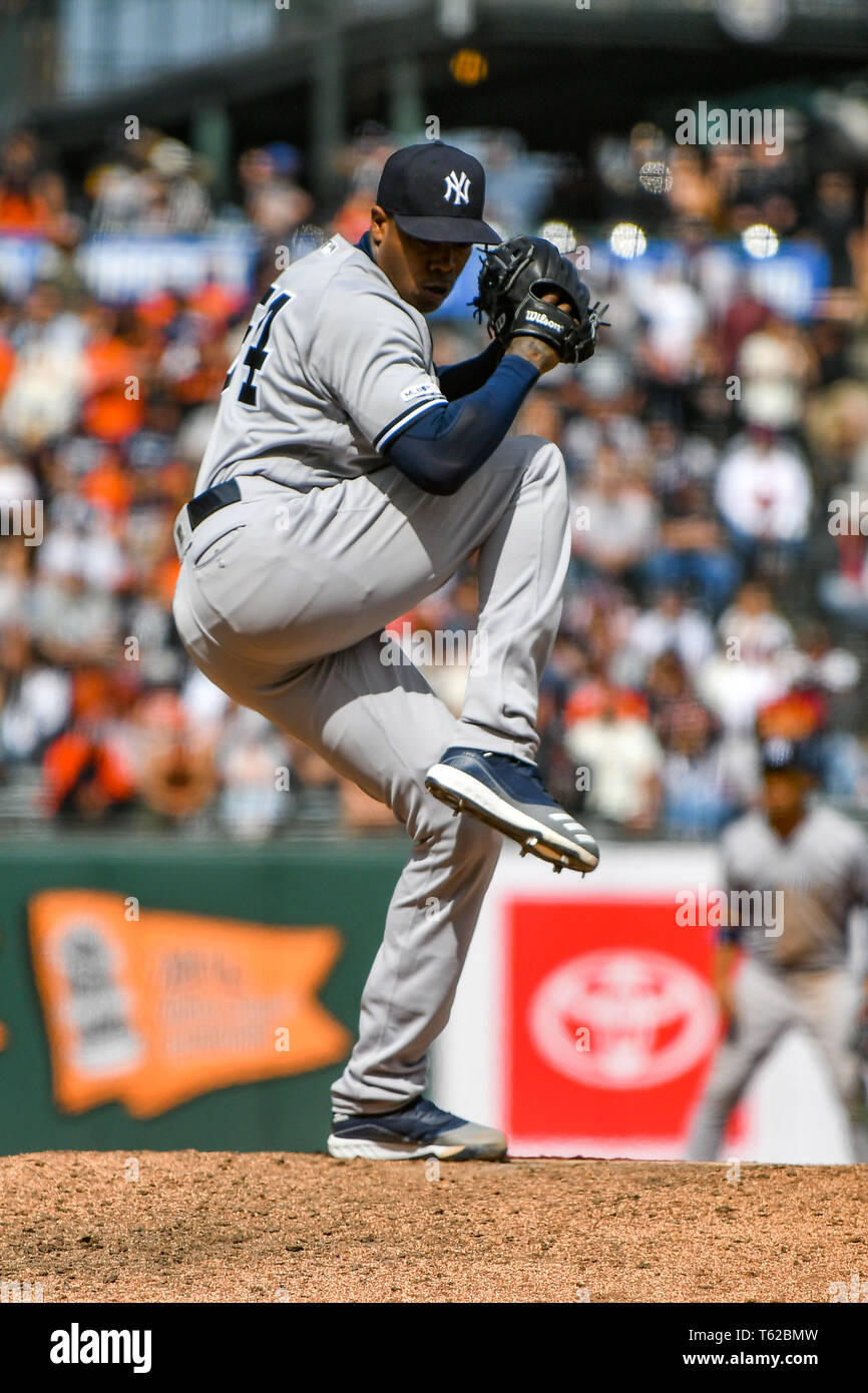 San Francisco, California, USA. 27th Apr, 2019. New York Yankees relief pitcher Aroldis Chapman (54) in action during the MLB game between the New York Yankees and the San Francisco Giants at San Francisco, California, USA. 27th Apr, 2019. New York Yankees relief pitcher Aroldis Chapman (54) in action during the MLB game between the New York Yankees and the San Francisco Giants at