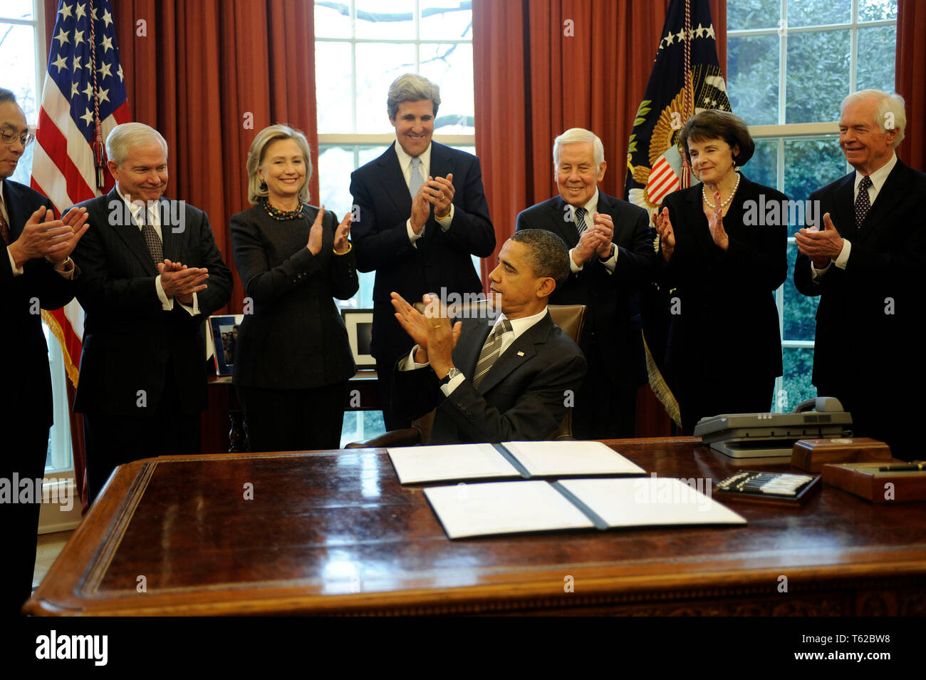 ***FILE PHOTO*** Former Senator Richard Lugar Has Passed Away. United States President Barack Obama signs the New START Treaty during a ceremony in the Oval Office of the White House, with, from left, U.S. Secretary of Energy Steven Chu, U.S. Secretary of Defense Robert Gates, U.S. Secretary of State Hillary Rodham Clinton, U.S. Senator John Kerry (Democrat of Massachusetts), U.S. Senator Richard Lugar (Republican of Indiana), U.S. Senator Dianne Feinstein (Democrat of California), U.S. Senator Thad Cochran (Republican of Mississippi). Credit: Leslie E. Kossoff/Pool via CNP /MediaPunch Stock Photo