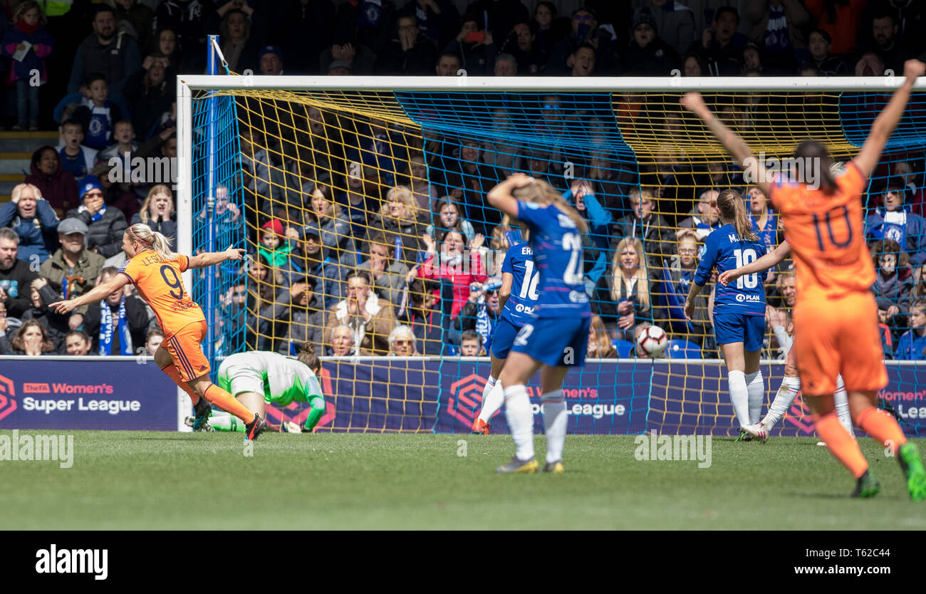 Kingston, UK. 28th Apr, 2019. EugŽnie Le Sommer of Olympique Lyonnais Feminin (FC Lyon) turns to celebrate her goal during the UEFA Women's Champions League semi-final 2nd leg match between Chelsea Women and Olympique Lyonnais Feminin at the Cherry Red Records Stadium, Kingston, England on 28 April 2019. Photo by Andy Rowland. Credit: PRiME Media Images/Alamy Live News Stock Photo