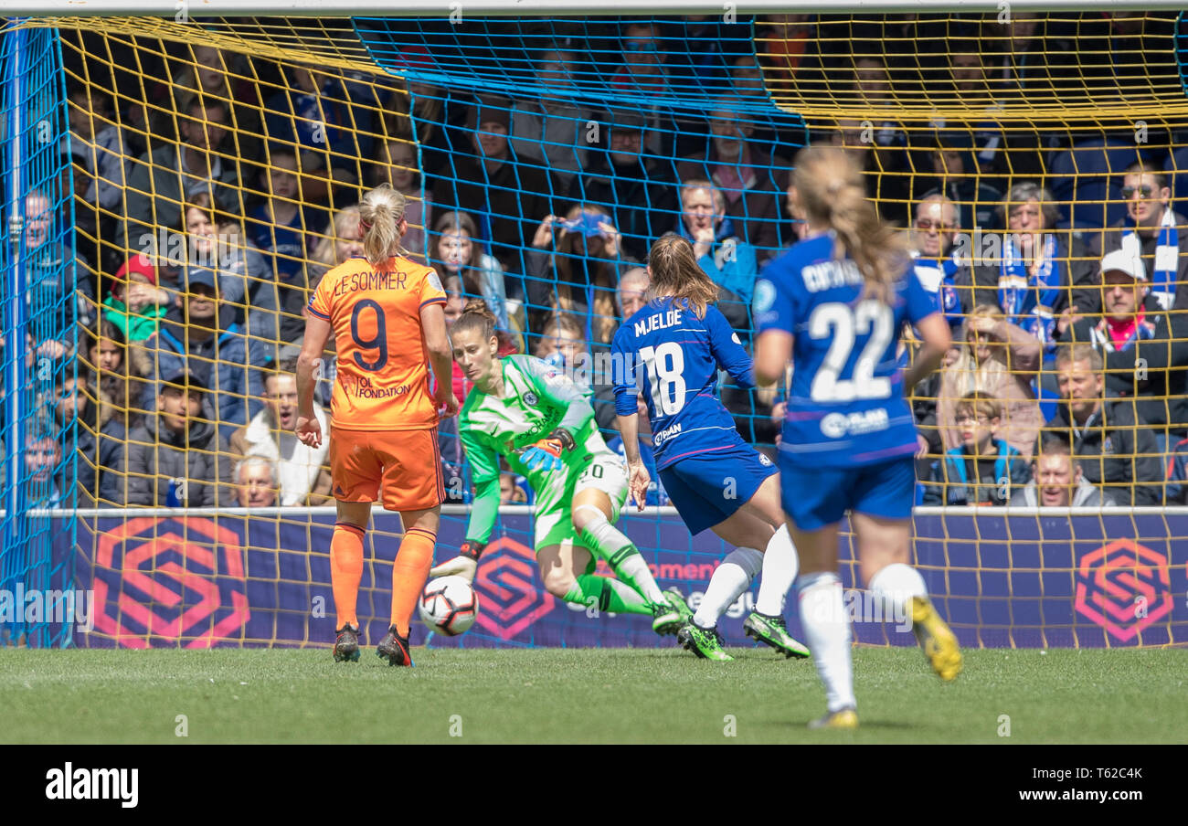 Kingston, UK. 28th Apr, 2019. EugŽnie Le Sommer of Olympique Lyonnais Feminin (FC Lyon) scores a goal with a deflected shot during the UEFA Women's Champions League semi-final 2nd leg match between Chelsea Women and Olympique Lyonnais Feminin at the Cherry Red Records Stadium, Kingston, England on 28 April 2019. Photo by Andy Rowland. Credit: PRiME Media Images/Alamy Live News Stock Photo