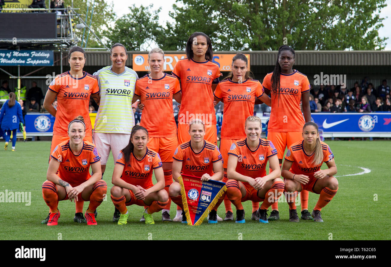 Kingston, UK. 28th Apr, 2019. Lyon pre match team photo (back row l-r) Dzsenifer Marozs‡n, Goalkeeper Sarah Bouhaddi, Amandine Henry, Wendie Renard, Griedge Mbock & Delphine Cascarino (front row l-r) Lucy Bronze, Selma Bacha, EugŽnie Le Sommer, Ada Hegerberg & Amel Majri during the UEFA Women's Champions League semi-final 2nd leg match between Chelsea Women and Olympique Lyonnais Feminin at the Cherry Red Records Stadium, Kingston, England on 28 April 2019. Photo by Andy Rowland. Credit: PRiME Media Images/Alamy Live News Stock Photo
