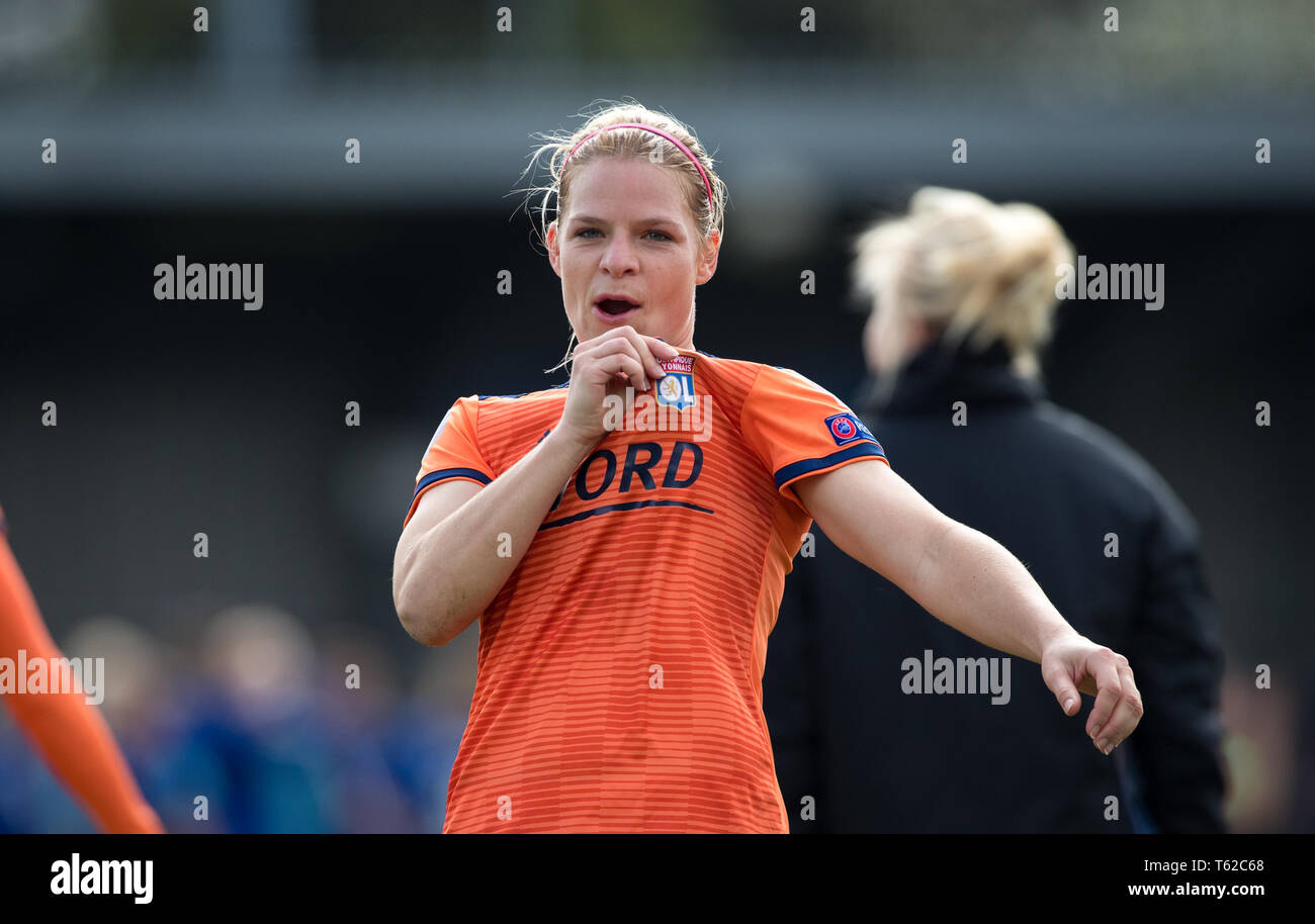 Kingston, UK. 28th Apr, 2019. EugŽnie Le Sommer of Olympique Lyonnais Feminin (FC Lyon) at full time during the UEFA Women's Champions League semi-final 2nd leg match between Chelsea Women and Olympique Lyonnais Feminin at the Cherry Red Records Stadium, Kingston, England on 28 April 2019. Photo by Andy Rowland. Credit: PRiME Media Images/Alamy Live News Stock Photo