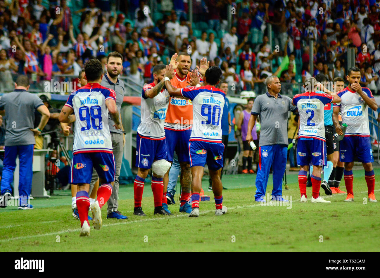 Ba Salvador 04 28 2019 Brazilian A 2019 Bahia X Corinthians Rogerio Bahia Player Celebrates His Goal With Player Arthur Ca Ke During A Match Against Corinthians At The Fonte