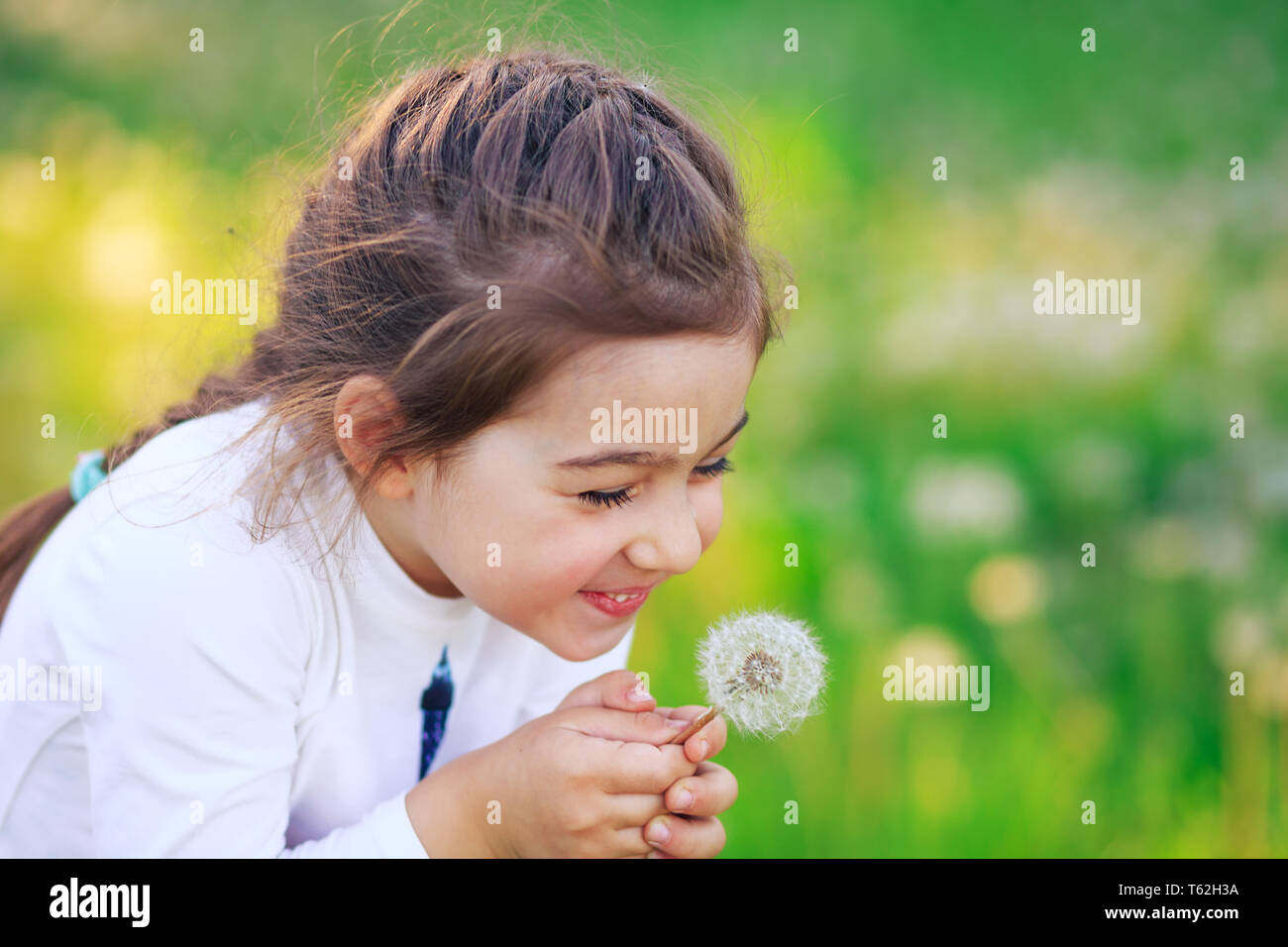 Beautiful little Girl blowing dandelion flower and smiling in summer park. Happy cute kid having fun outdoors. Stock Photo