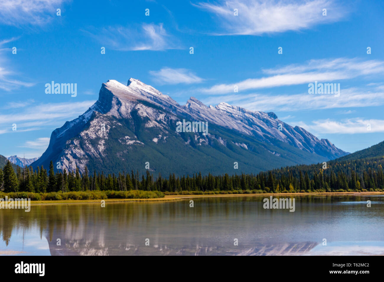 Banff National Park, Alberta, Canada / Septeber 14, 2016: Mount Rundle  reflected in in the still waters of Vermillion Lake in Banff National Park, Al Stock Photo