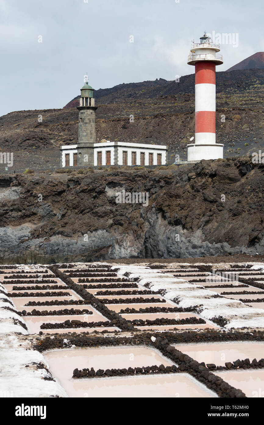 Salt pans and the lighthouse in Fuencaliente, La Palma, Spain. Stock Photo