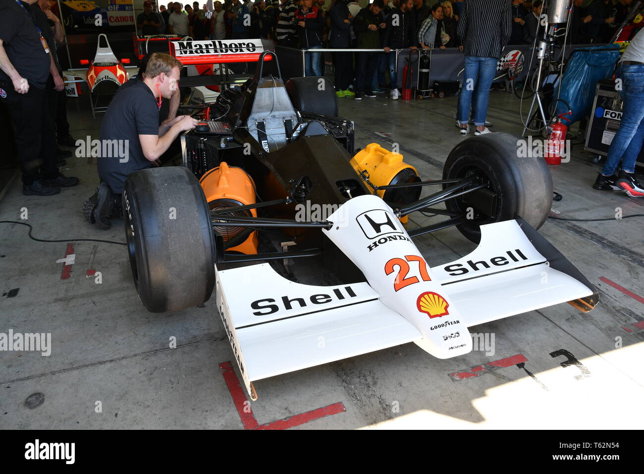 Imola 27 April 19 Historic 1990 F1 Mclaren Mp4 5b Ex Ayrton Senna Gerhard Berger In The Box During Minardi Historic Day 19 At Imola Circuit Stock Photo Alamy