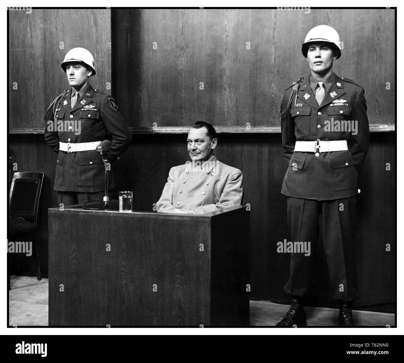 GOERING NUREMBERG TRIALS Enigmatic expression by Nazi former Luftwaffe leader Hermann Göring at the Nuremberg Trials, 1946 Hermann Goering, WW2, Nuremberg Trials Nuremberg Germany Stock Photo